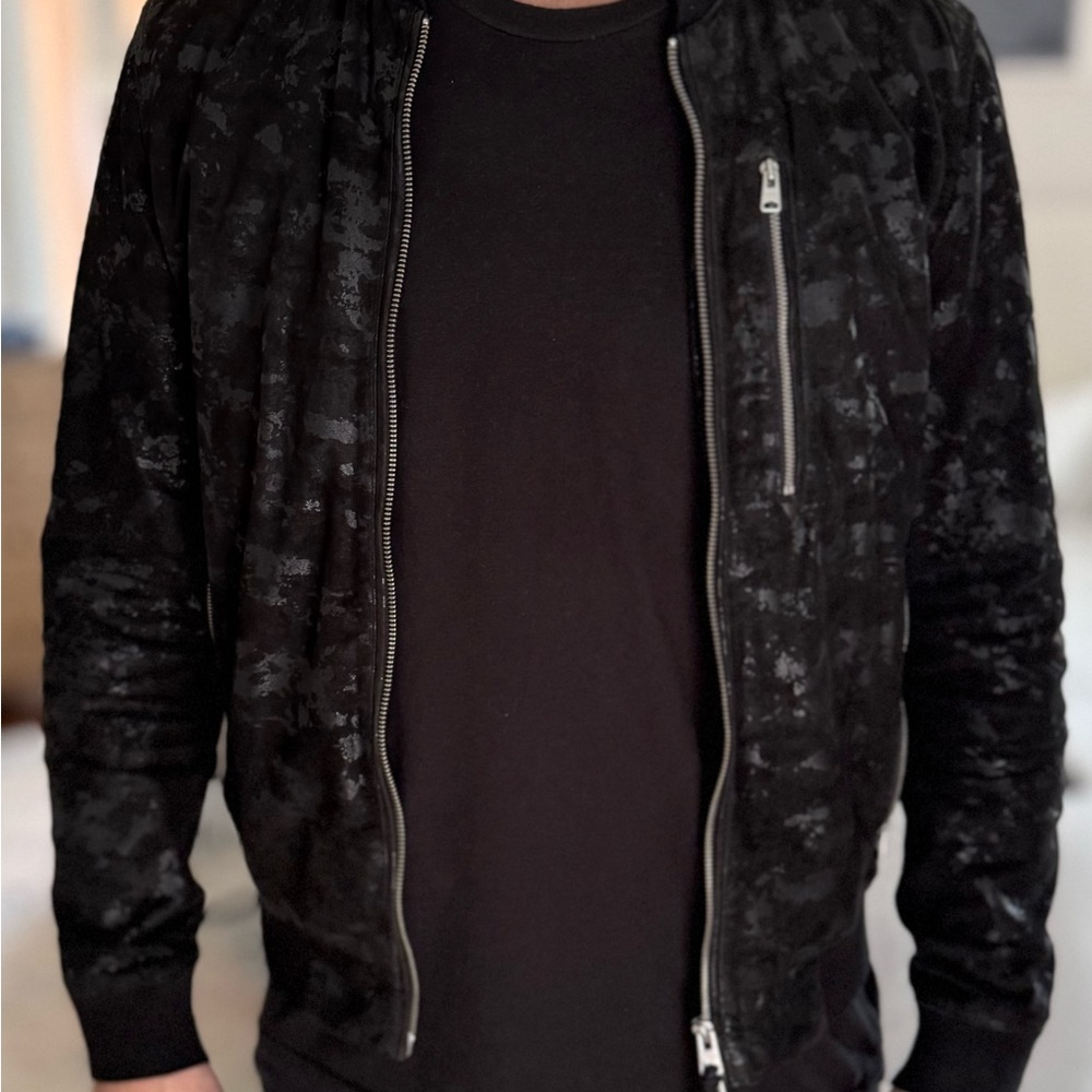 All Saints Black Leather Camo Print Bomber Jacket